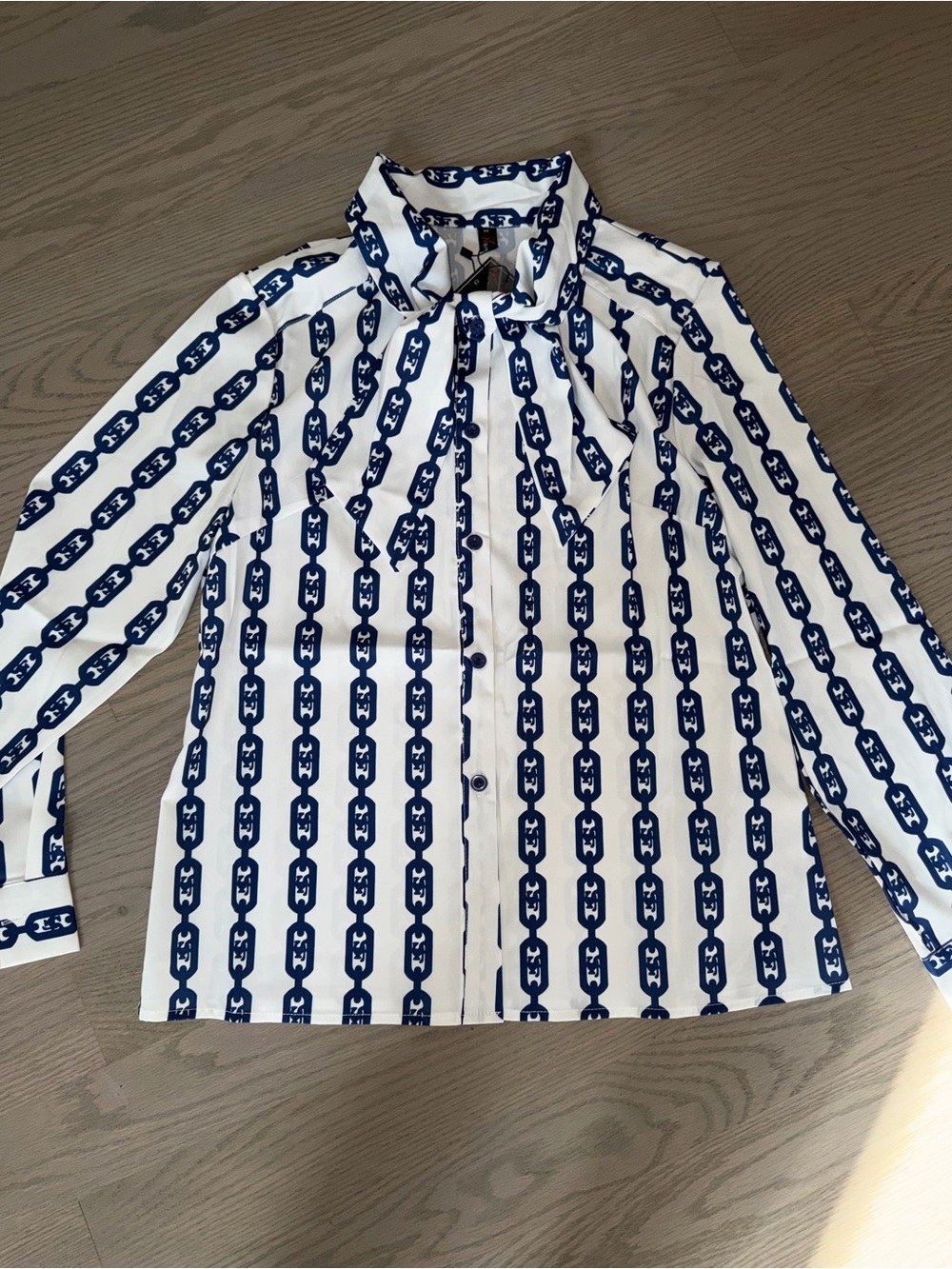 N by Nancy White Blouse with Navy Chain-Print - Elegant Button Front